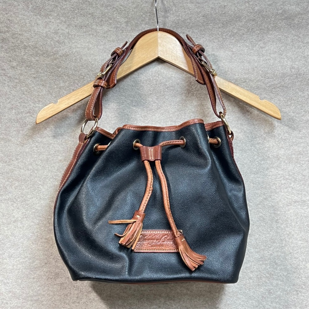 Dooney & Bourke Vintage All Weather Leather Bucket Bag Black Tan Drawstring GUC